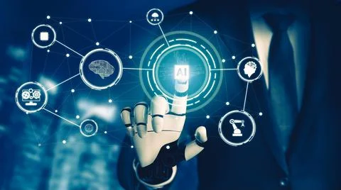 Futuristic AI thinking of droid robot artificial intelligence concept Stockillustratie