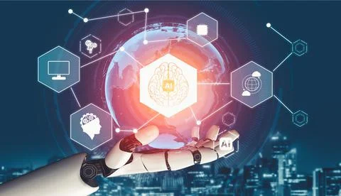 Futuristic AI thinking of droid robot artificial intelligence concept Stockillustratie