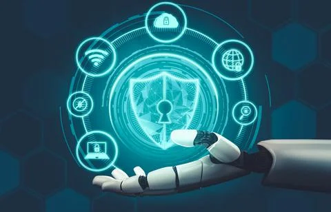 Futuristic AI thinking of droid robot artificial intelligence concept Stock Illustration