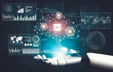 Futuristic AI thinking of droid robot artificial intelligence concept Stock Illustration