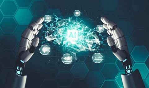 Futuristic AI thinking of droid robot artificial intelligence concept Stockillustratie