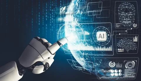 Futuristic AI thinking of droid robot artificial intelligence concept 스톡 일러스트