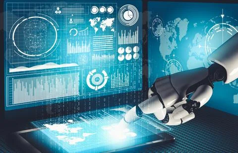 Futuristic AI thinking of droid robot artificial intelligence concept Illustrazione stock