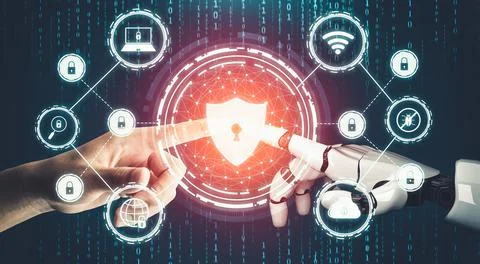 Futuristic AI thinking of droid robot artificial intelligence concept Stock Illustration