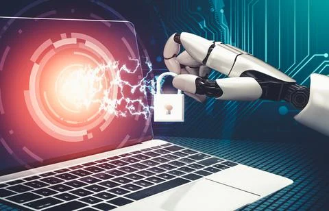 Futuristic AI thinking of droid robot artificial intelligence concept Stock Illustration