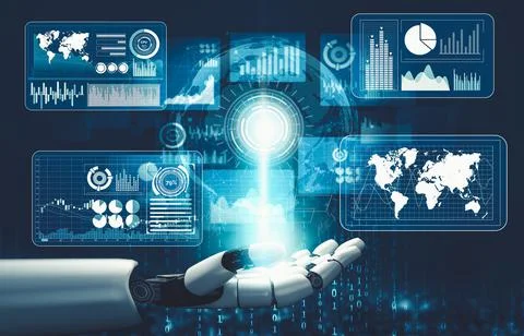 Futuristic AI thinking of droid robot artificial intelligence concept 스톡 일러스트