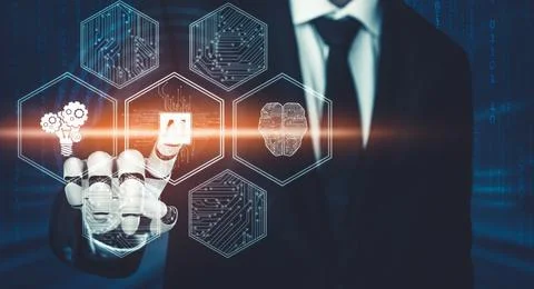 Futuristic AI thinking of droid robot artificial intelligence concept Illustrazione stock