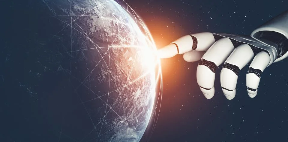 Futuristic AI thinking of droid robot artificial intelligence concept 스톡 일러스트