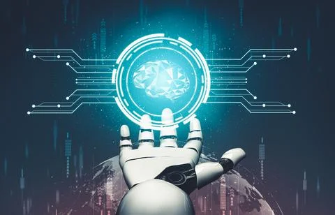 Futuristic AI thinking of droid robot artificial intelligence concept Stockillustratie