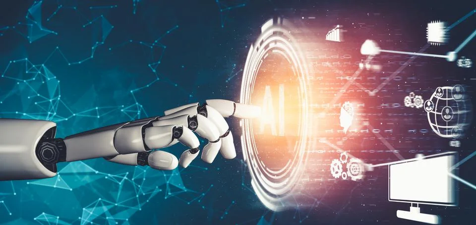 Futuristic AI thinking of droid robot artificial intelligence concept Stock Illustration