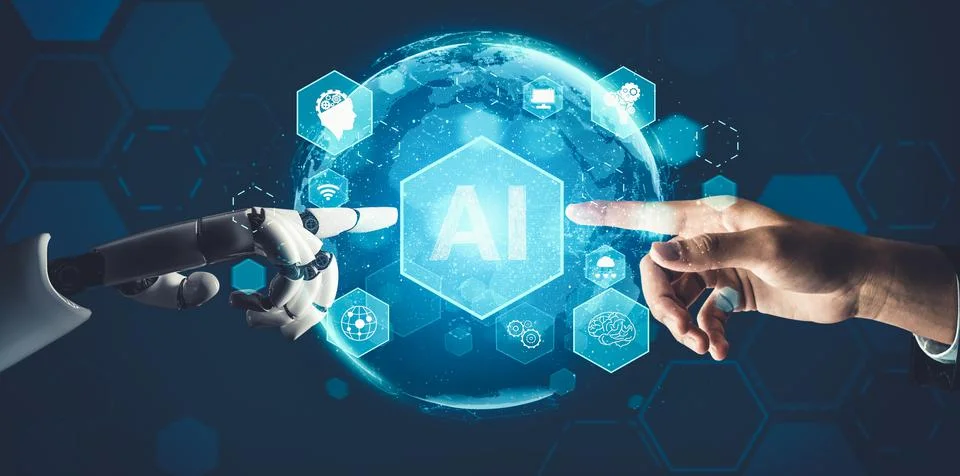 Futuristic AI thinking of droid robot artificial intelligence concept Stock Illustration