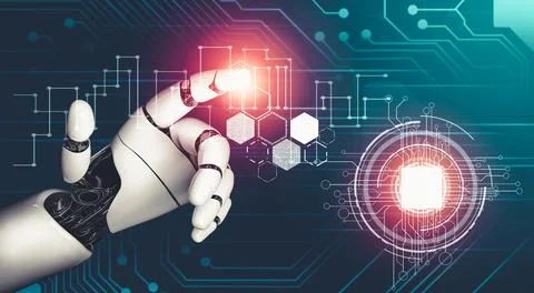 Futuristic AI thinking of droid robot artificial intelligence concept Illustrazione stock