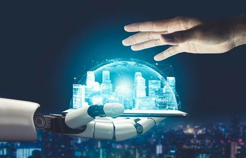 Futuristic AI thinking of droid robot artificial intelligence concept 스톡 일러스트