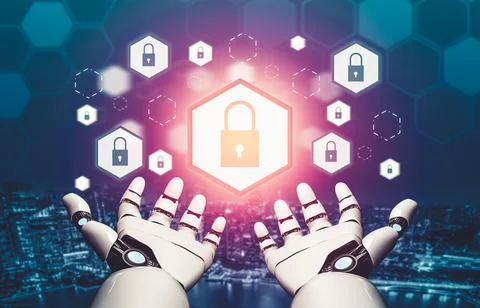 Futuristic AI thinking of droid robot artificial intelligence concept Stock Illustration