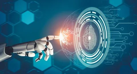 Futuristic AI thinking of droid robot artificial intelligence concept 库存插图