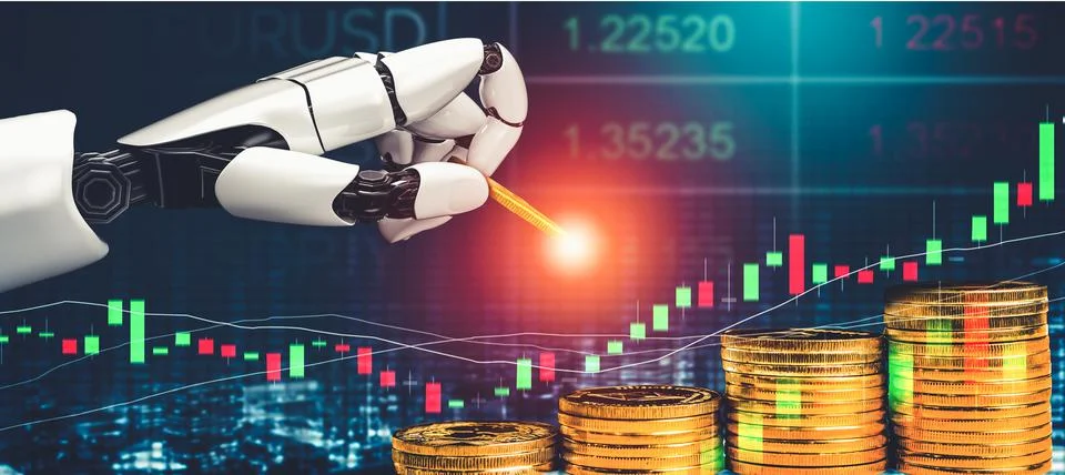 Futuristic AI thinking of droid robot artificial intelligence concept Illustrazione stock