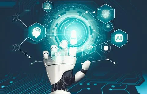 Futuristic AI thinking of droid robot artificial intelligence concept Stock Illustration