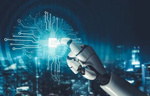 Futuristic AI thinking of droid robot artificial intelligence concept Stockillustratie