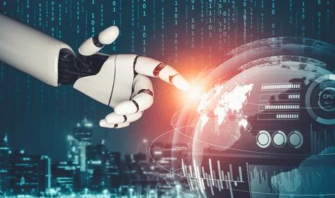 Futuristic AI thinking of droid robot artificial intelligence concept Stock Illustration