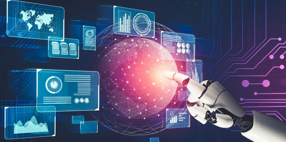 Futuristic AI thinking of droid robot artificial intelligence concept Stock Illustration