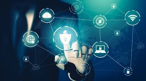 Futuristic AI thinking of droid robot artificial intelligence concept Stock Illustration