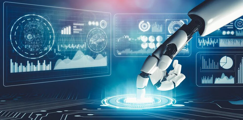 Futuristic AI thinking of droid robot artificial intelligence concept Stock Illustration