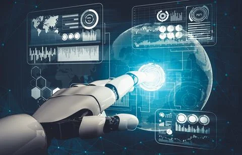 Futuristic AI thinking of droid robot artificial intelligence concept 스톡 일러스트