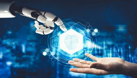 Futuristic AI thinking of droid robot artificial intelligence concept Stock Photos