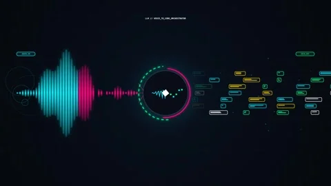 Futuristic AI Voice to Code Orchestrator Interface with Sound Wave and Data Stock Footage 344829807