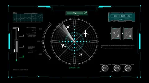 Futuristic Air Traffic Control HUD Screen with World Radar Sweep Stock Footage 339666515