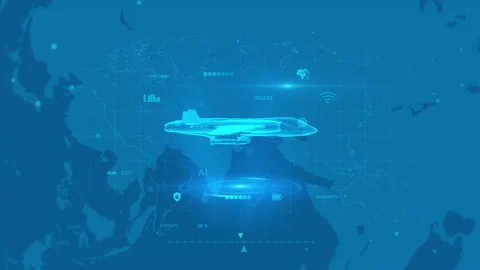Futuristic Aircraft on Digital World Map with Glowing Tech Elements Stock Footage 342292070