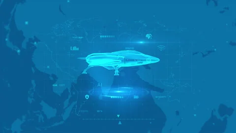 Futuristic Aircraft Hovering Over Digital World Map with Technology Elements Stock Footage 342232336