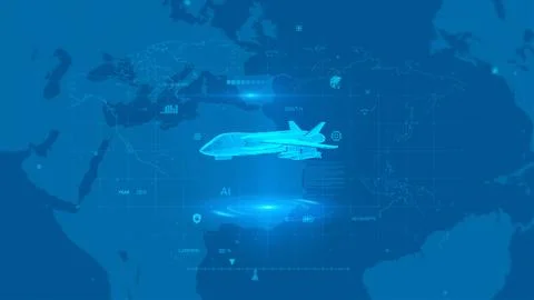 Futuristic Airplane Over Digital Global Map with Technology Themes Stock Illustration