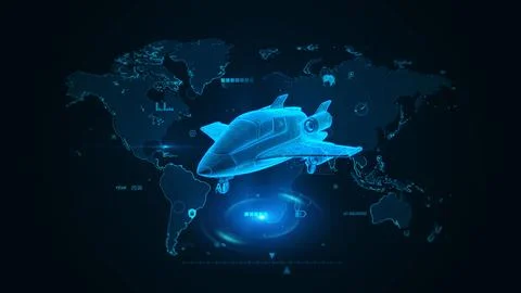 Futuristic Airplane Over Digital World Map with Data Interface Stock Illustration