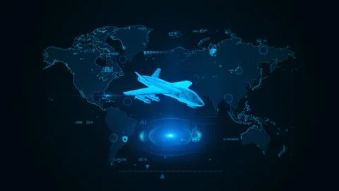 Futuristic Airplane Traveling Over Digital World Map in Blue Hue Иллюстрация