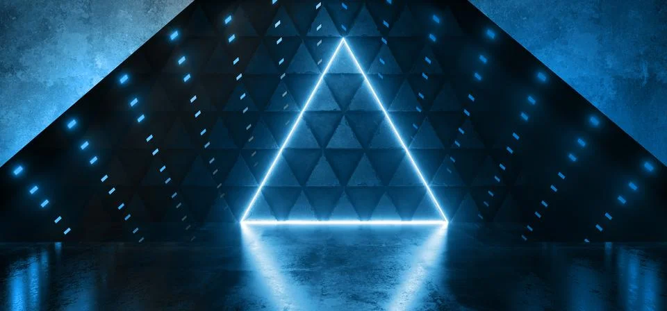 Futuristic Alien Sci Fi Neon Blue Glowing Triangle Light On Cement Metal Py.. Illustrazione stock