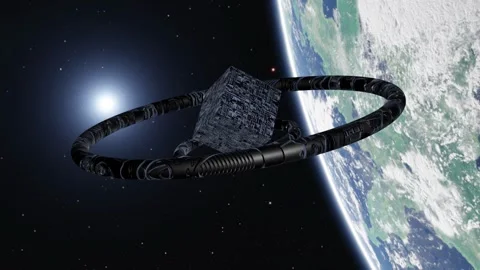 Futuristic Alien Space Station with Rotating Rings and Tech Cube orbiting P.. Stock Footage 328650689