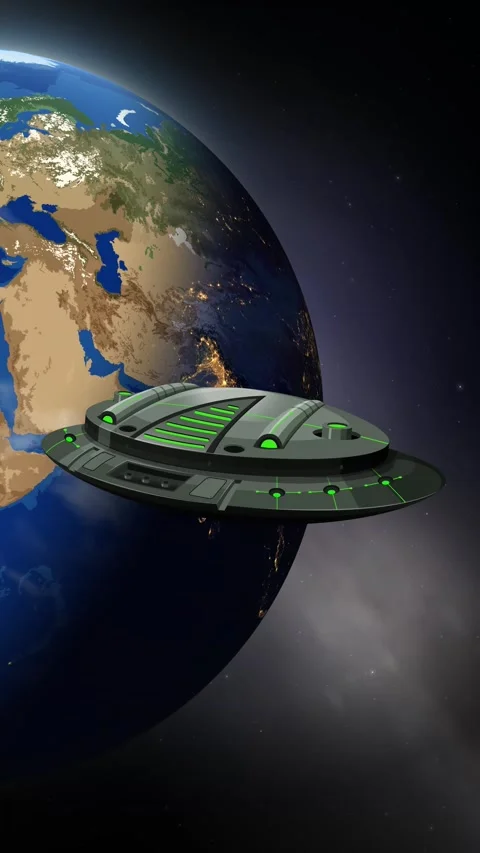 Futuristic Alien Spacecraft Floating in Orbit Above Planet Earth Stock Footage 344714595