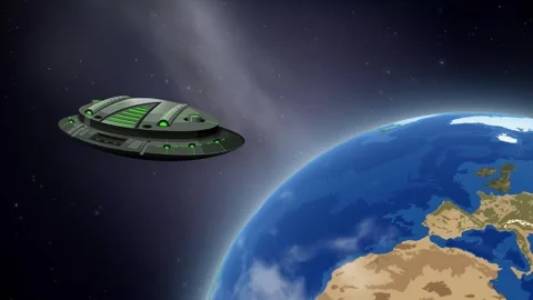 Futuristic Alien Spacecraft Hovering in Orbit Above Planet Earth Stock Footage 344836366