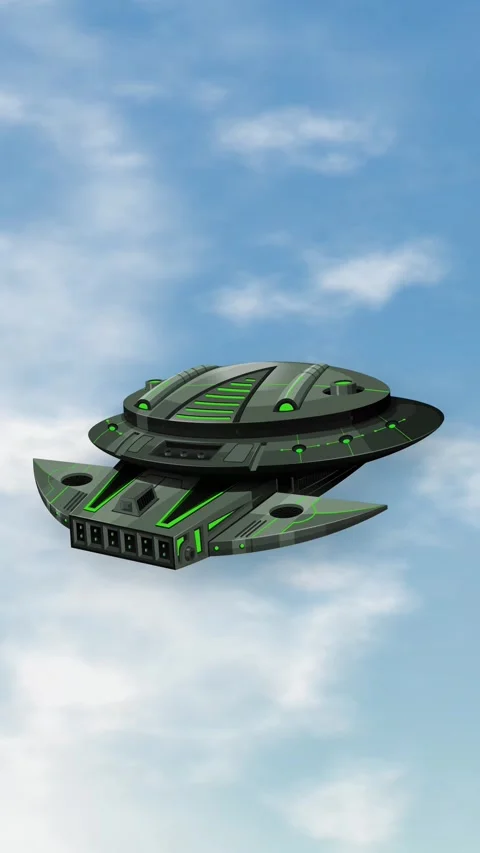 Futuristic Alien Spaceship Hovering in a Blue Cloudy Sky Stock Footage 344936230