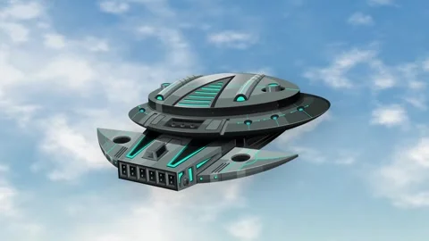 Futuristic Alien Spaceship Hovering in a Cloudy Blue Sky Stock Footage 345308216