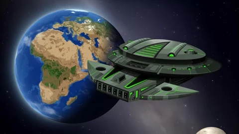 Futuristic Alien Spaceship Orbiting Planet Earth in Deep Space Stock Footage 345304204