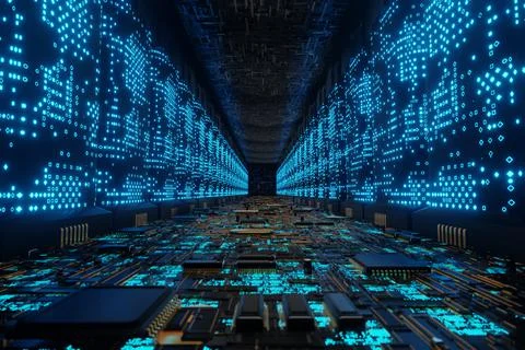 Futuristic alien Supercomputer Connection Network Data Center 3d rendered Stock Illustration