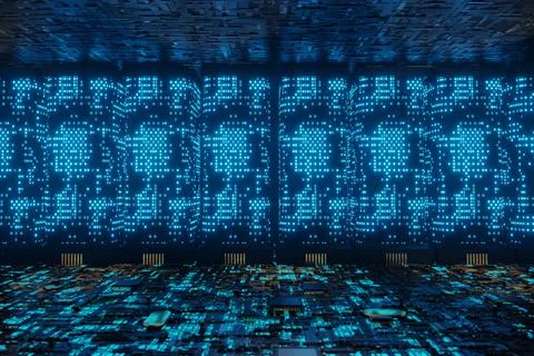 Futuristic alien Supercomputer Connection Network Data Center 3d rendered Stock Illustration