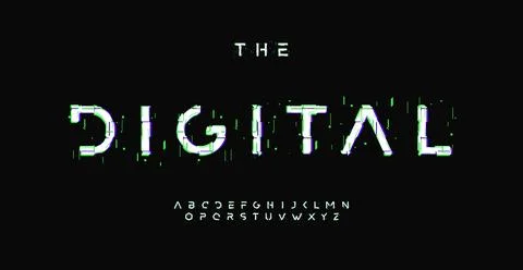 Futuristic alphabet with digital distorted effect, glitch error effect font for Illustrazione stock