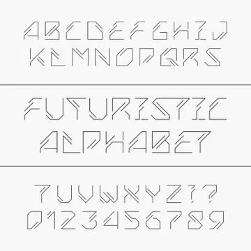 Futuristic alphabet typeface. Outline type letters and numbers. Stock Illustration