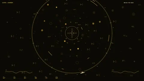 Futuristic amber HUD interface with circular radar telemetry and tactical data Stock Footage 334453181