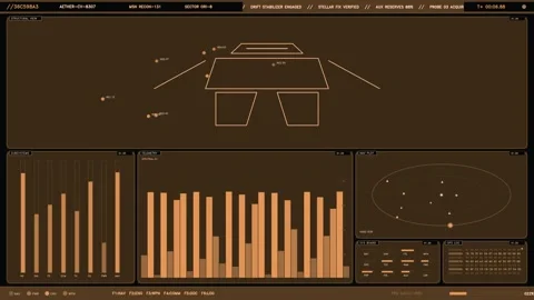 Futuristic Amber HUD Interface with Tactical Telemetry and Mission Control Data Stock Footage 334635677
