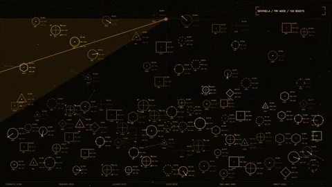 Futuristic amber tactical radar interface with tracking icons and telemetry.. Stock Footage 334113187