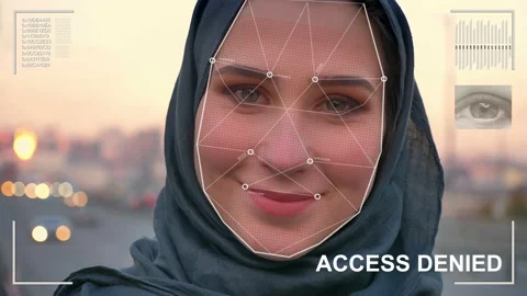 Futuristic and technological scanning of the face of a beautiful woman in hijab Video stock 99081189